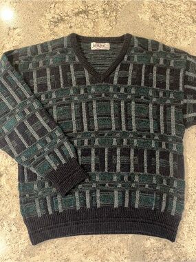 Jantzen Men's V-Neck Geometric Sweater - Black & Teal